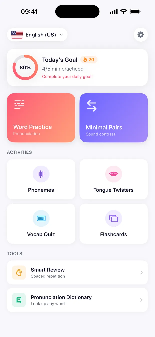 The MouthGym home screen: a daily goal ring at 80 percent, Word Practice and Minimal Pairs tiles, and activities for phonemes, tongue twisters, vocabulary and flashcards.