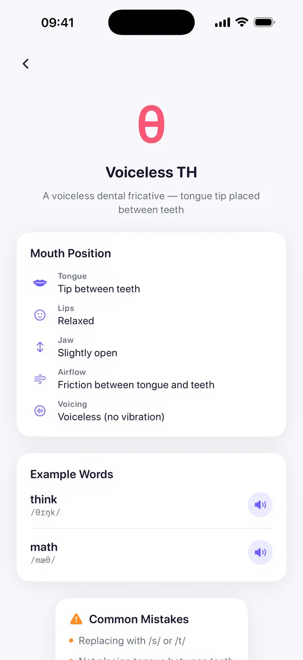 The voiceless TH page, listing tongue tip between teeth, relaxed lips, slightly open jaw and example words.