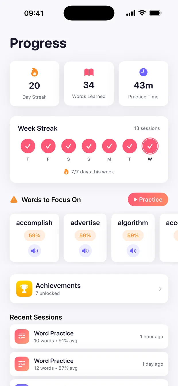 The progress screen with practice statistics and accuracy over time.