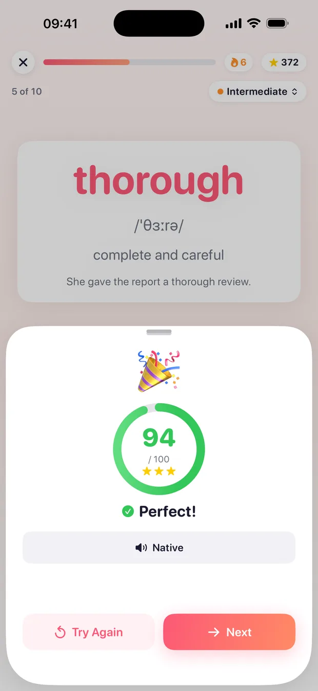 A scored attempt at the word thorough, showing 94 out of 100, three stars and a Perfect label.